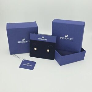 Vtg Signed SWAROVSKI Crystal Earrings Hexagonal Studs Rose Gold Finish In Box